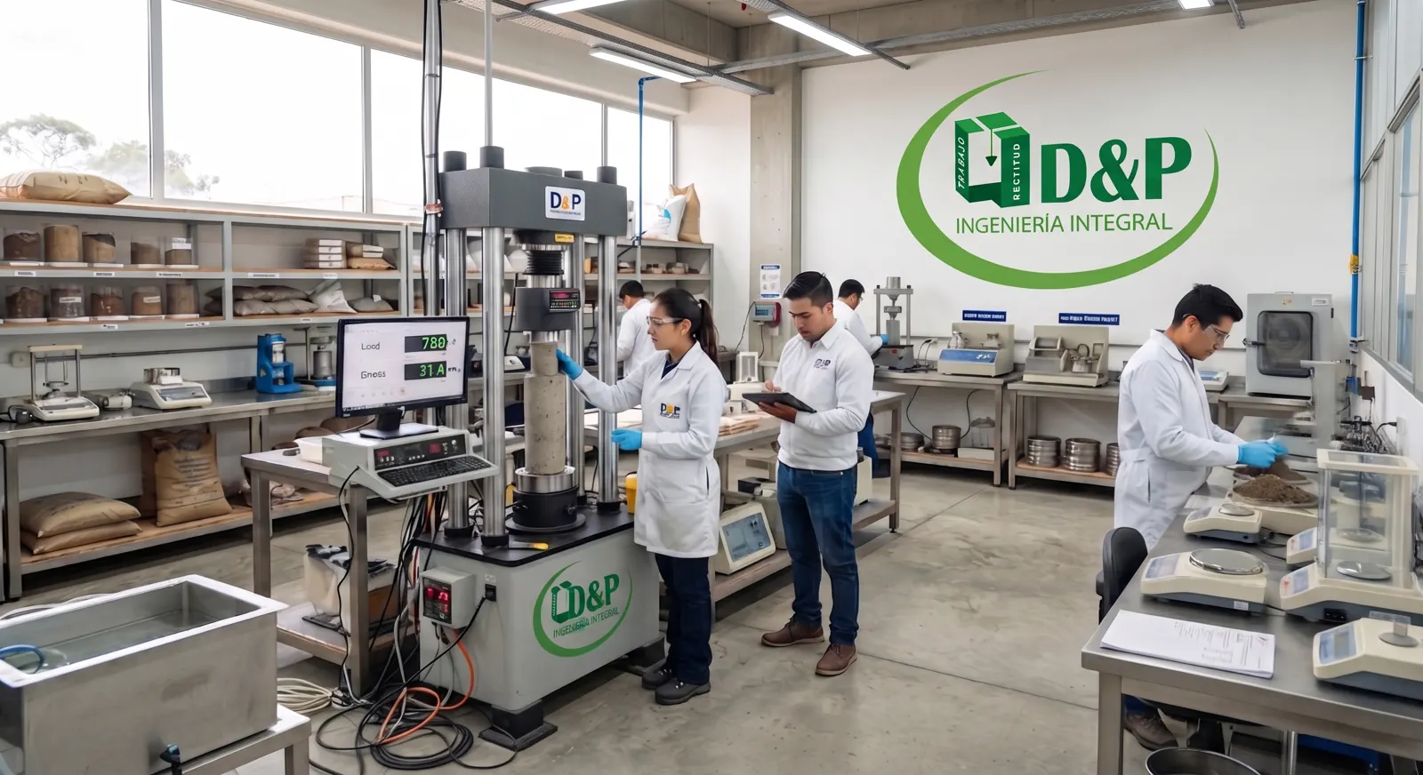 Profesionales de D&P haciendo ensayos en el laboratorio de suelos
