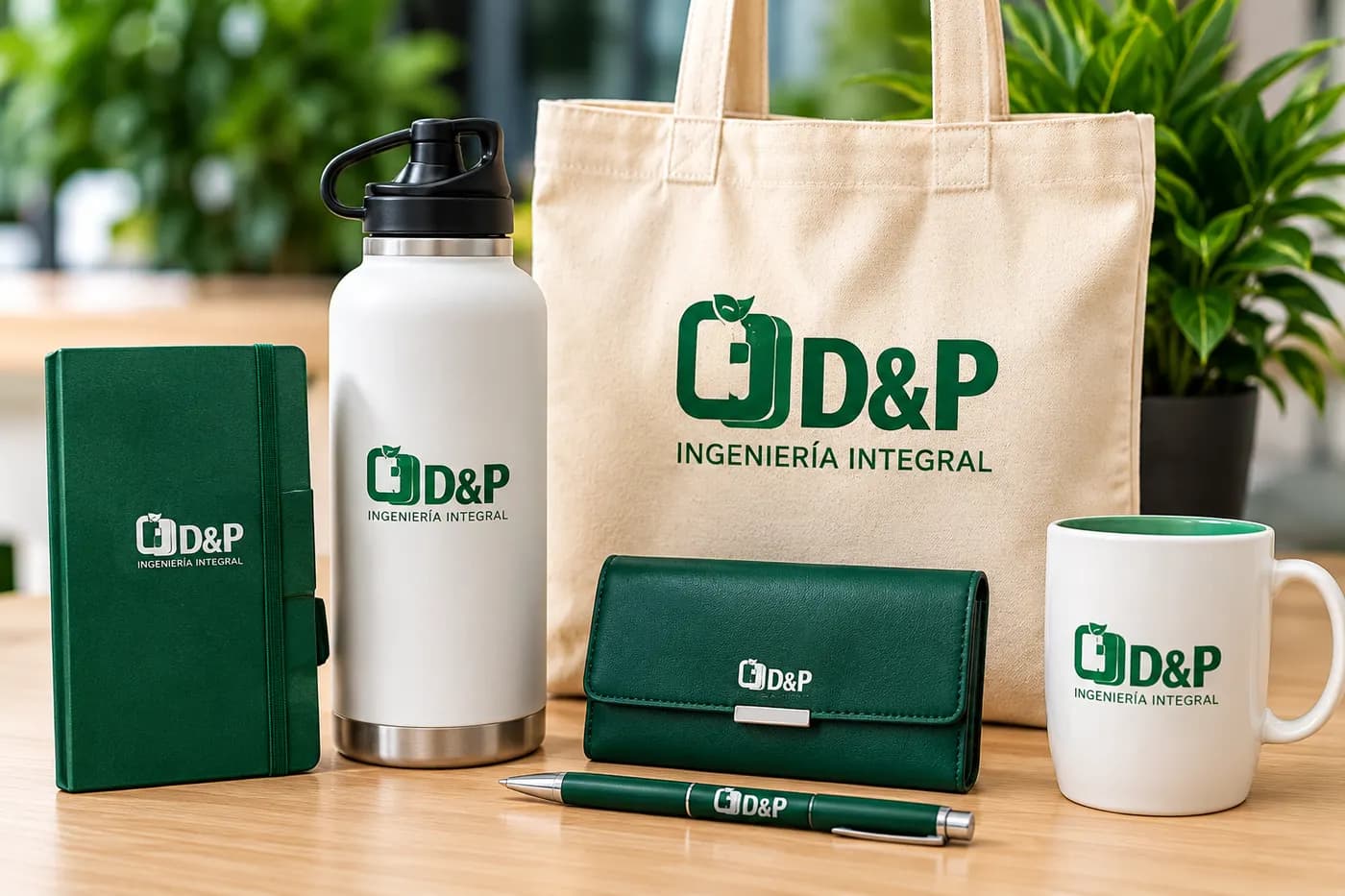 Souvenirs corporativos con el logo de D&P: termo, bolso, libreta y taza