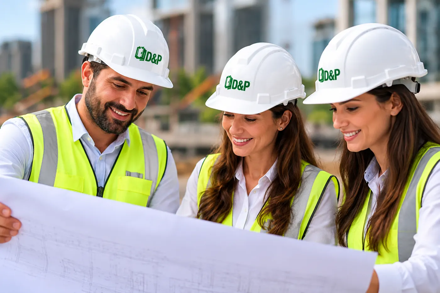 Ingenieros de D&P con casco revisando planos en obra